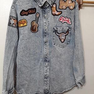 Blue Be Western Themed Jean Jacket with Patches L